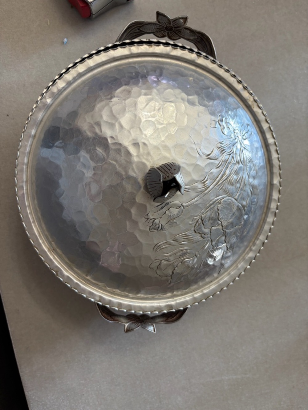 Vtg 1940s Rodney Kent Hammered Aluminum Covered Tulip Casserole Dish #461 Floral